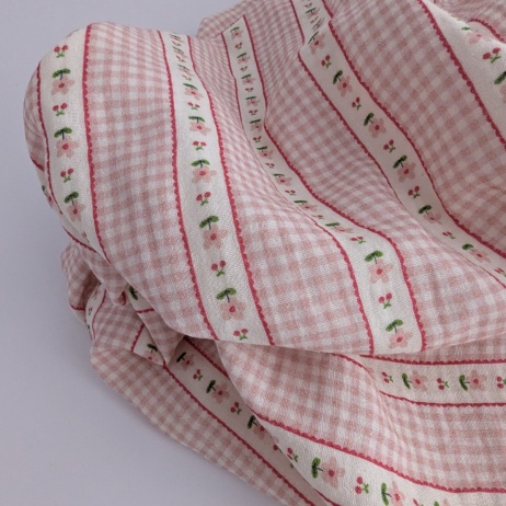 Cotton muslin, cherries, flowers, pink gingham