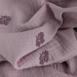 Cotton muslin, embroidered, heather flowers on a dusty heather background.