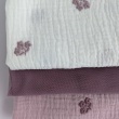 Cotton muslin, embroidered, heather flowers on a dusty heather background.