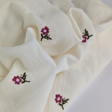 Cotton muslin, embroidered, burgundy flowers on a cream background
