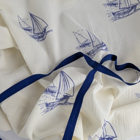 100% cotton muslin, sailing ships on cream