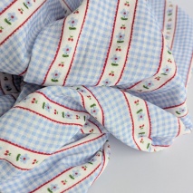 Cotton muslin, cherries, flowers, blue gingham
