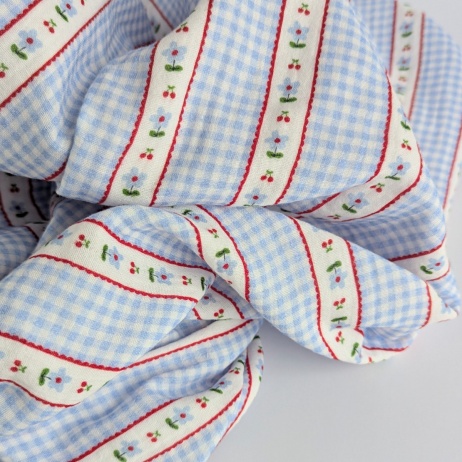 Cotton muslin, cherries, flowers, blue gingham