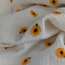 Cotton muslin, embroidered sunflowers on a natural background