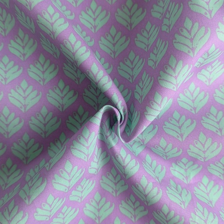 100% cotton poplin, mint leaves on a lavender background