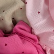 Double gauze 100% cotton, red hearts on a beige background