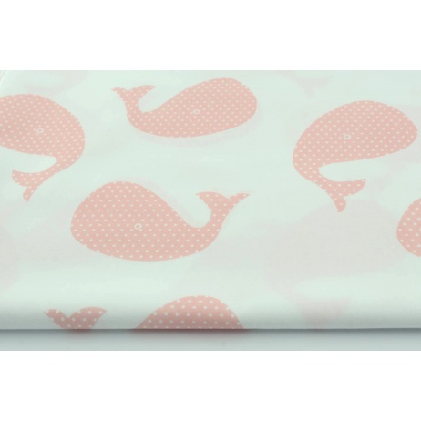 Cotton 100% dots, pink whales on a white background