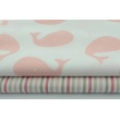 Cotton 100% dots, pink whales on a white background