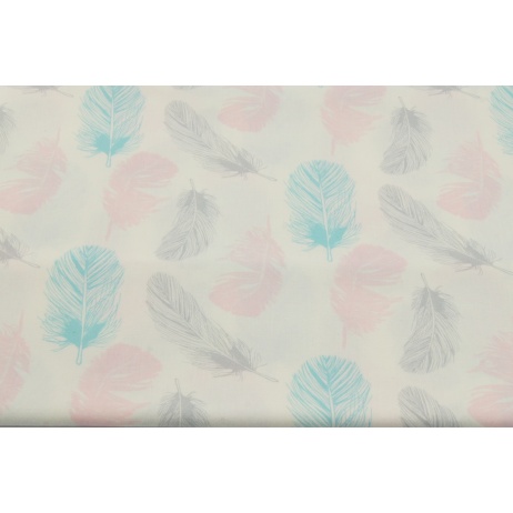 Cotton 100% turquoise-gray-pink feathers on a white background
