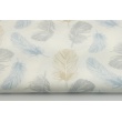 Bawełna 100% niebiesko - szaro - beżowe piórka na białym tle