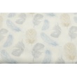 Bawełna 100% niebiesko - szaro - beżowe piórka na białym tle